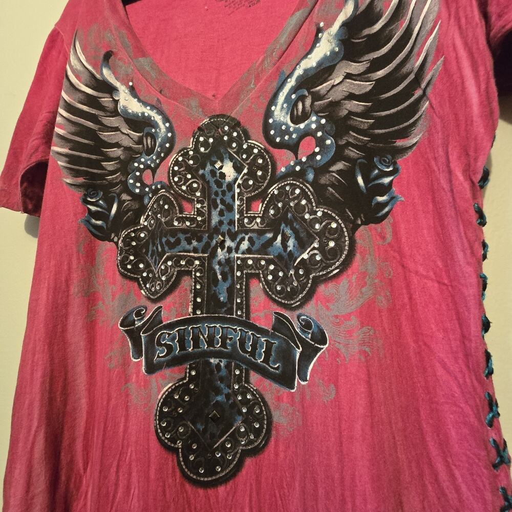 Vtg 90s Y2K Affliction Bling Wings Laceup T-Shirt Women LG Red Grunge Goth Biker - Picture 4 of 11